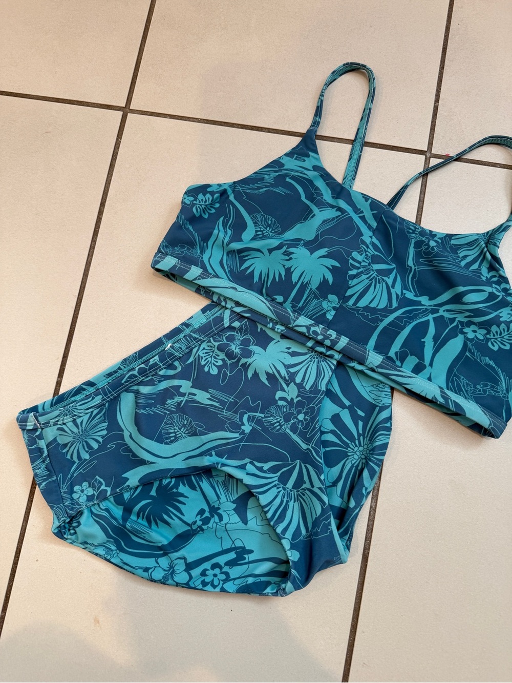 Athleta Girl Teal and Navy Floral Reversible Bikini